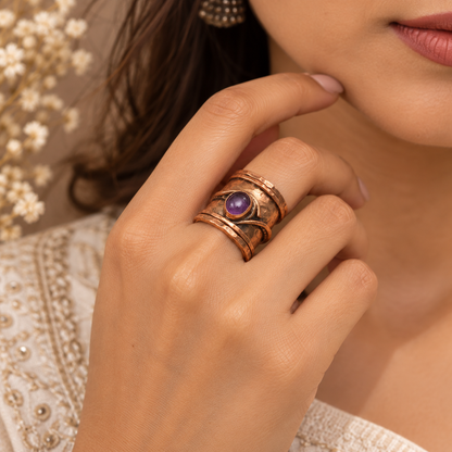 Amethyst Copper Cuff Ring Wide Hammered Boho Statement Adjustable Band RIN49-CPR-NAMT01