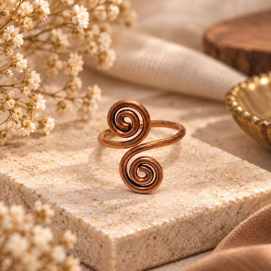 Spiral Copper Cuff Ring Open Adjustable Boho Statement Jewelry Band RIN50-CPR-PLN
