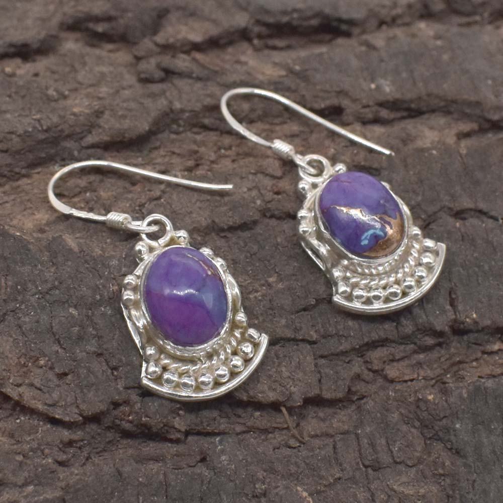 Purple Turquoise Gemstone Solid 925 Sterling Silver Earring 1" SE-655