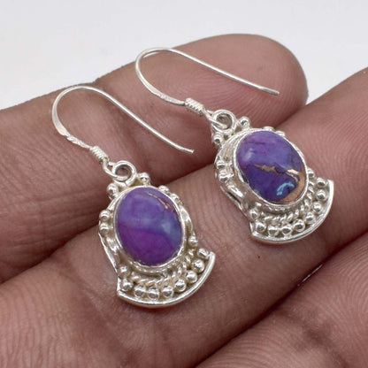 Purple Turquoise Gemstone Solid 925 Sterling Silver Earring 1" SE-655