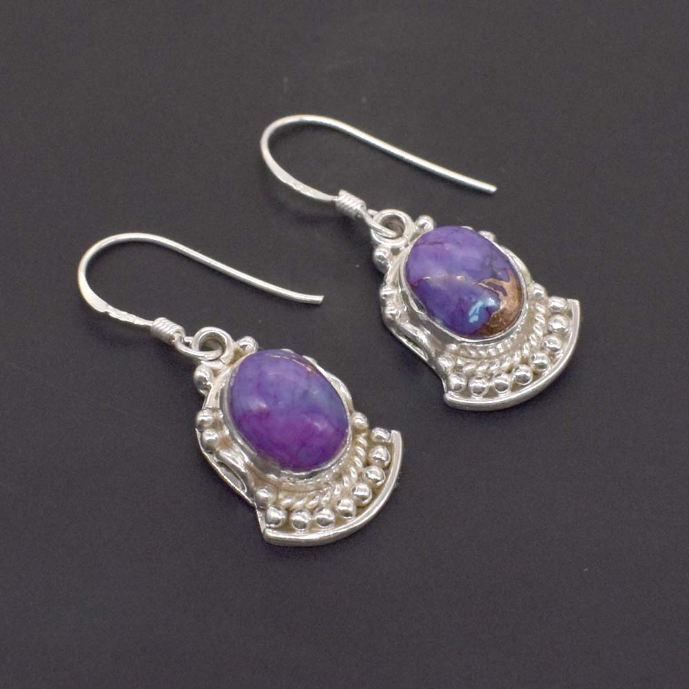 Purple Turquoise Gemstone Solid 925 Sterling Silver Earring 1" SE-655