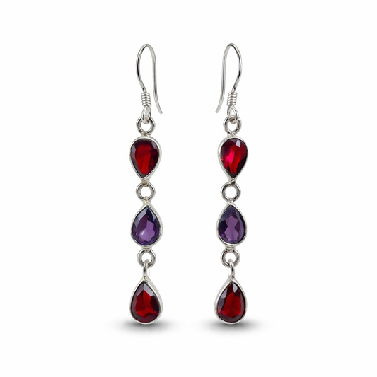 Garnet Amethyst Sterling Silver Triple Drop Earrings for Women SEAR-488