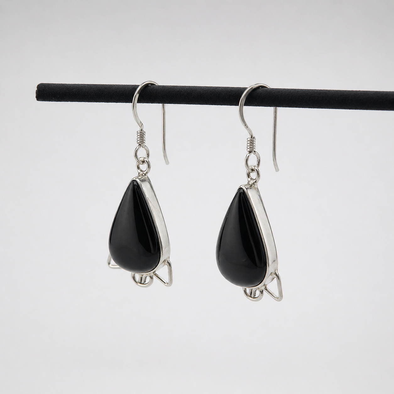 Black Onyx Teardrop Dangle Earrings in Sterling Silver SEAR-522