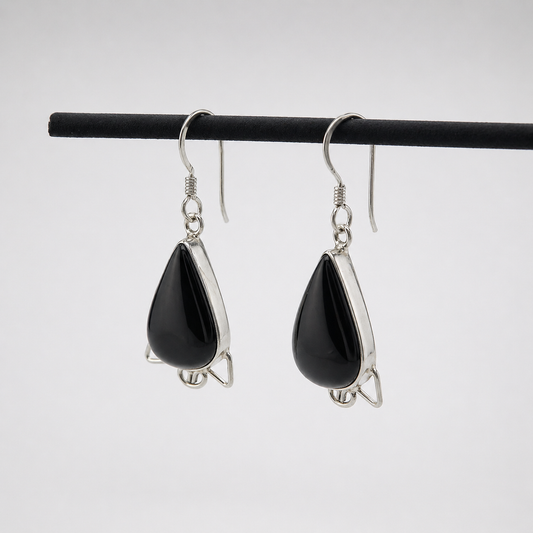 Black Onyx Teardrop Dangle Earrings in Sterling Silver SEAR-522