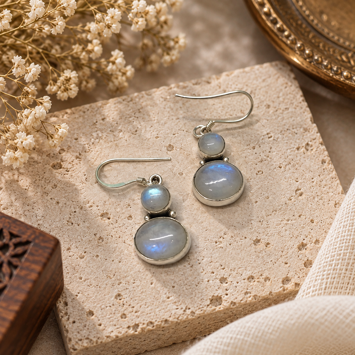 Rainbow Moonstone Drop Earrings, Silver Gemstone Dangle Jewelry SEAR-547