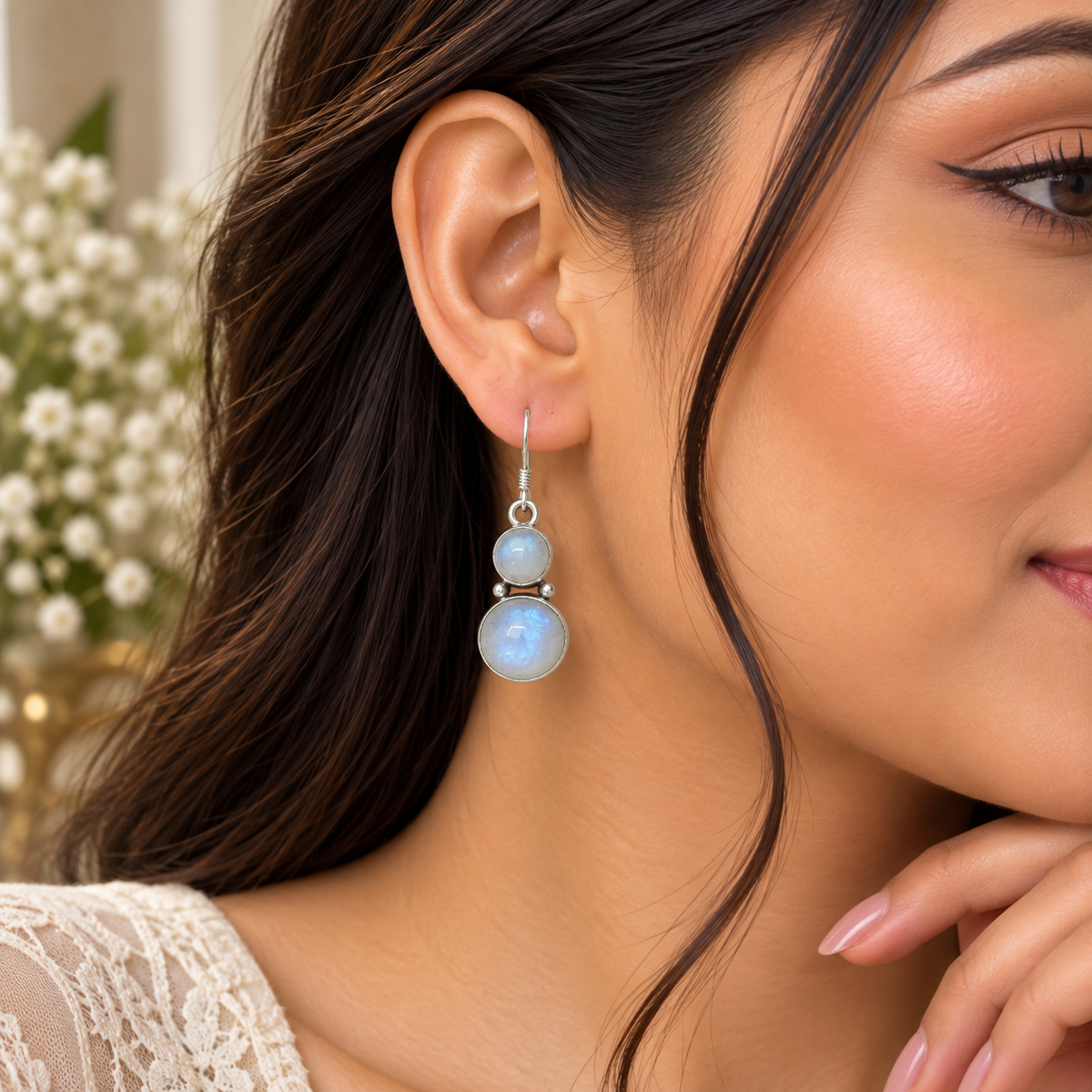 Rainbow Moonstone Drop Earrings, Silver Gemstone Dangle Jewelry SEAR-547