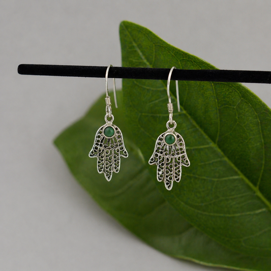 Green Onyx Hamsa Hand Drop Earrings in Sterling Silver SEAR-567