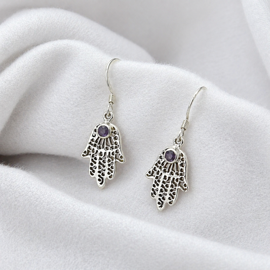 Amethyst Hamsa Hand Drop Earrings in Sterling Silver SEAR-568