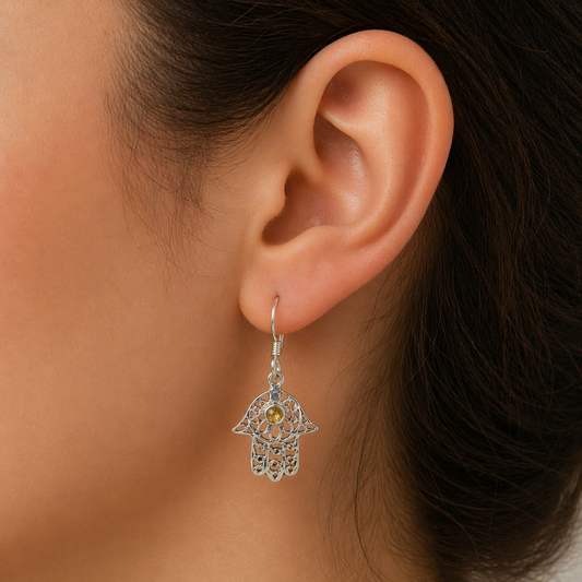 Citrine Hamsa Hand Drop Earrings in Sterling Silver Jewelry SEAR-569