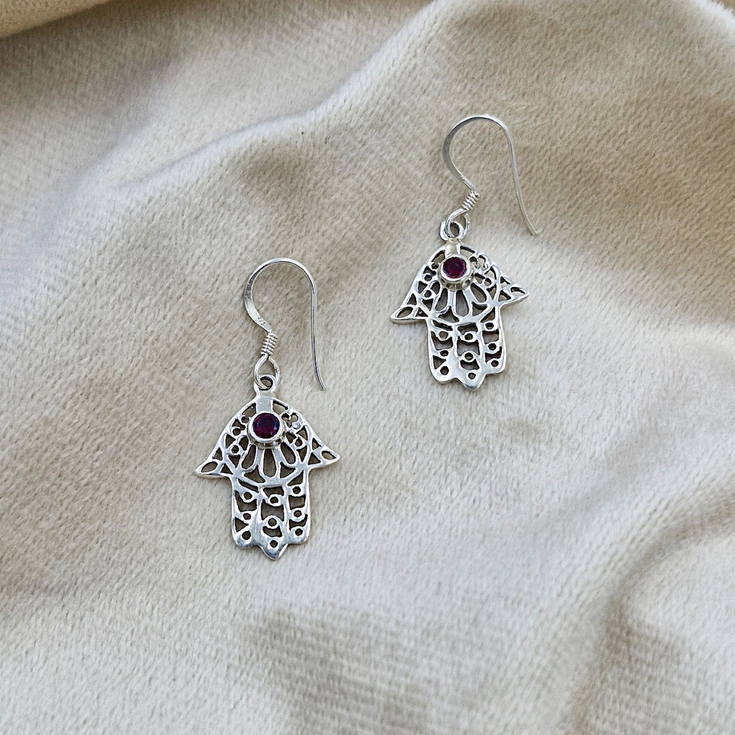 Garnet Hamsa Hand Drop Earrings in Sterling Silver Jewelry SEAR-570