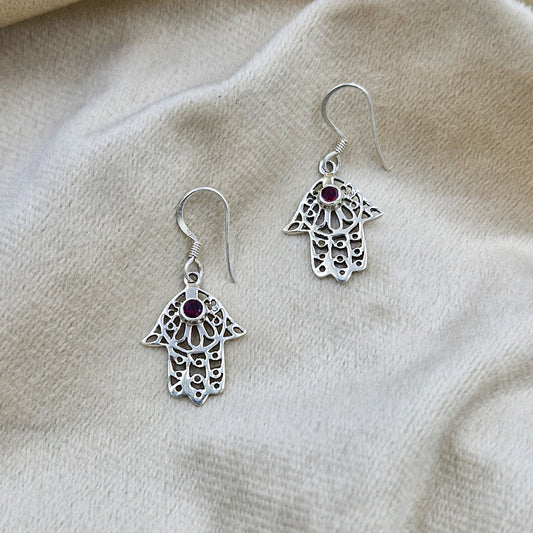 Garnet Hamsa Hand Drop Earrings in Sterling Silver Jewelry SEAR-570