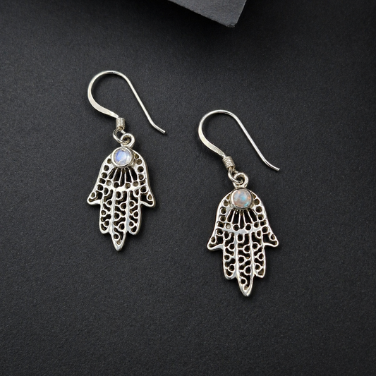 Faceted Moonstone Hamsa Hand Earrings in Sterling Silver SEAR-571