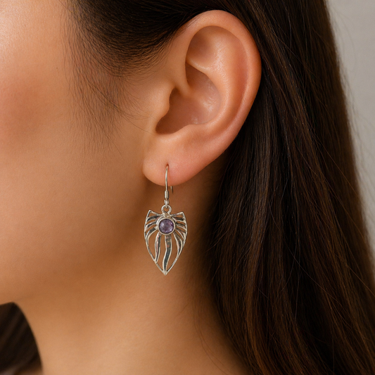 Amethyst Leaf Drop Earrings in Sterling Silver Jewelry SEAR-577