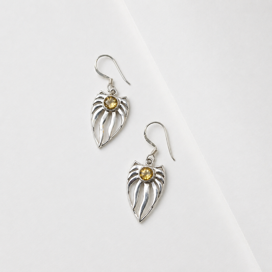 Citrine Leaf Silver Dangle Earrings Handmade Gemstone Jewelry SEAR-579