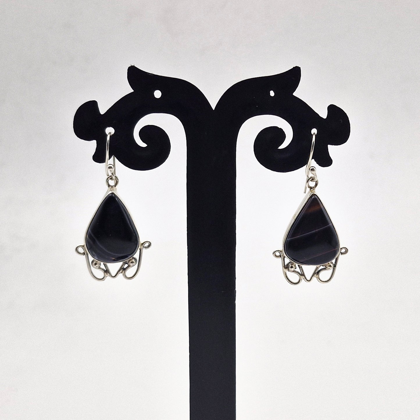 Black Botswana Agate Teardrop Silver Dangle Earrings Handmade SEAR-592