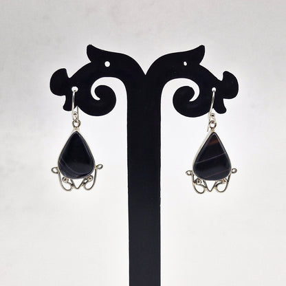 Black Botswana Agate Teardrop Silver Dangle Earrings Handmade SEAR-592