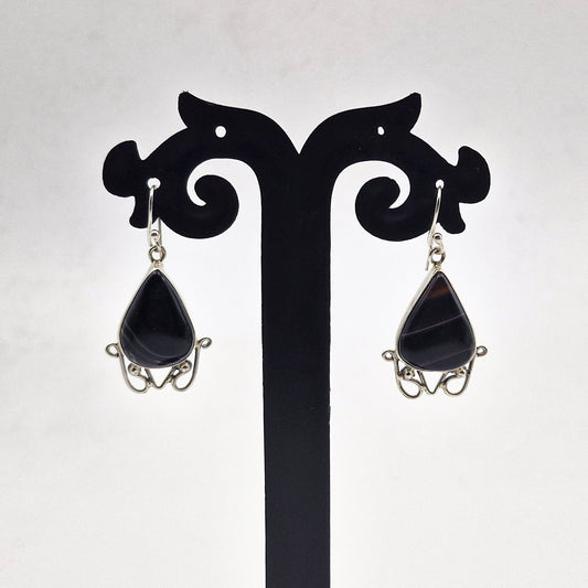 Black Botswana Agate Teardrop Silver Dangle Earrings Handmade SEAR-592