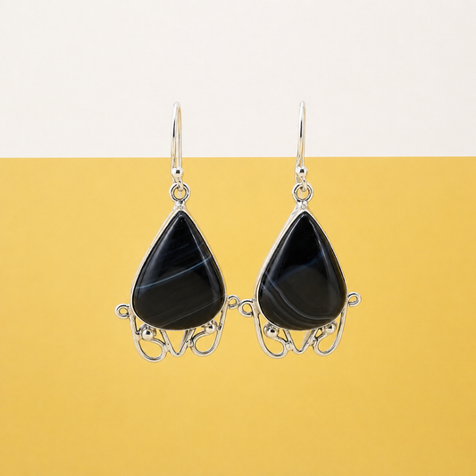Black Botswana Agate Teardrop Silver Dangle Earrings Handmade SEAR-592