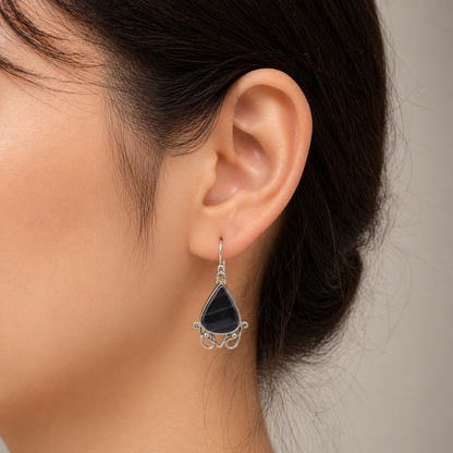 Black Botswana Agate Teardrop Silver Dangle Earrings Handmade SEAR-592