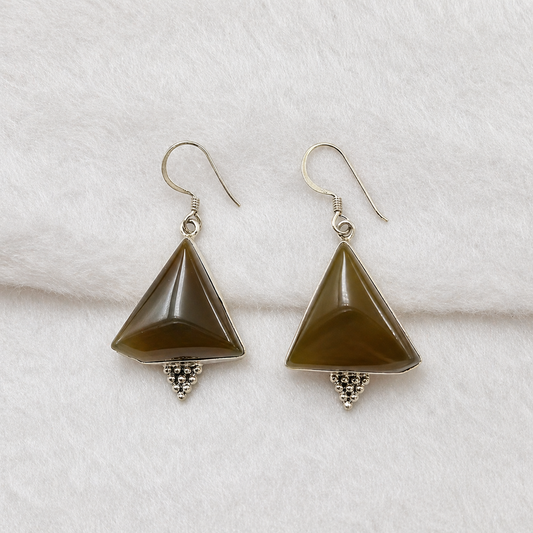Brown Botswana Agate Triangle Silver Dangle Earrings Handmade SEAR-595