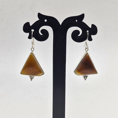 Brown Botswana Agate Triangle Silver Dangle Earrings Handmade SEAR-595