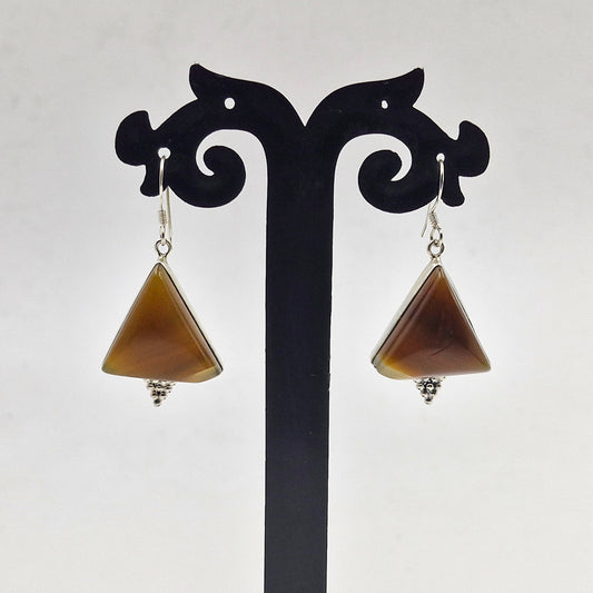Brown Botswana Agate Triangle Silver Dangle Earrings Handmade SEAR-595
