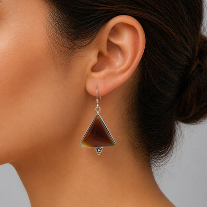 Brown Botswana Agate Triangle Silver Dangle Earrings Handmade SEAR-595