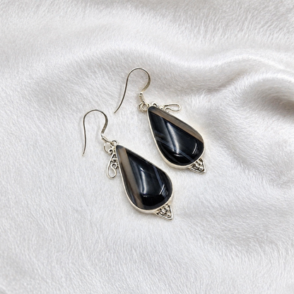 Botswana Agate Black Teardrop Silver Earrings Handmade Jewelry SEAR-596