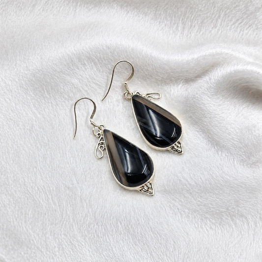 Botswana Agate Black Teardrop Silver Earrings Handmade Jewelry SEAR-596