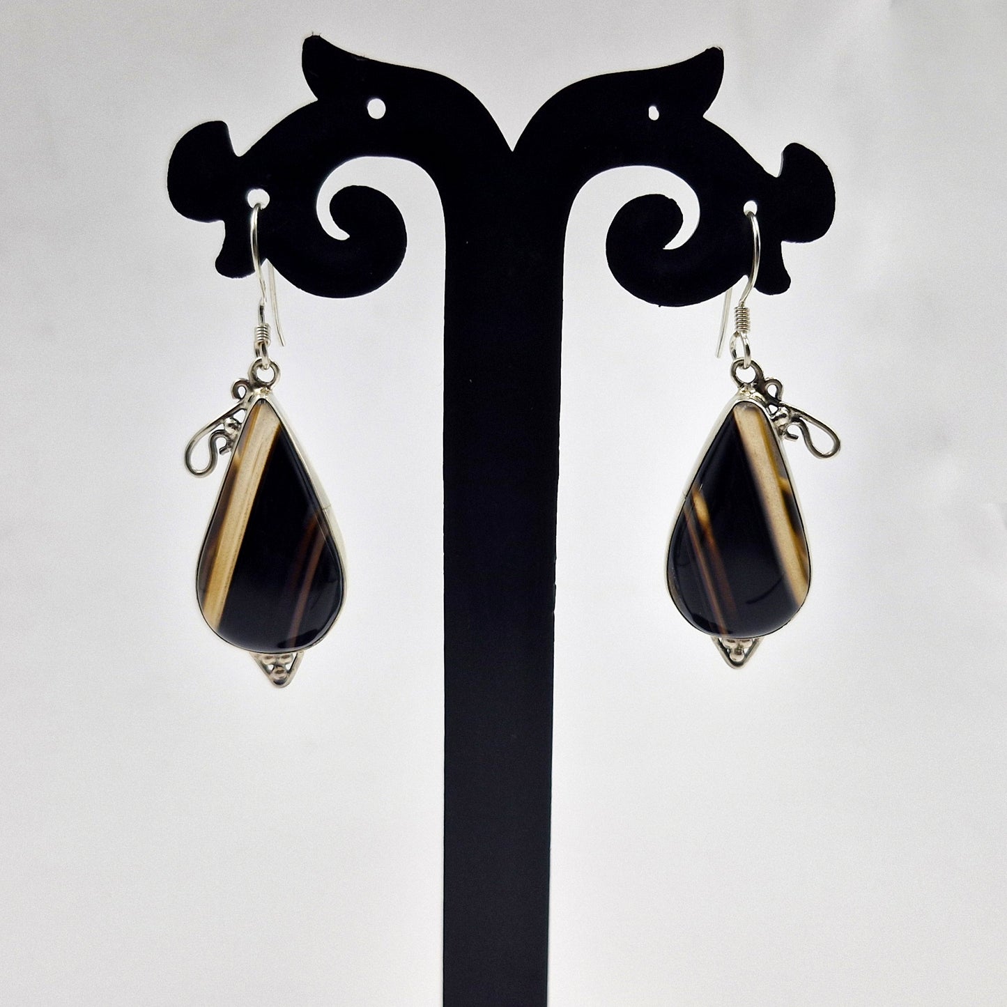Botswana Agate Black Teardrop Silver Earrings Handmade Jewelry SEAR-596
