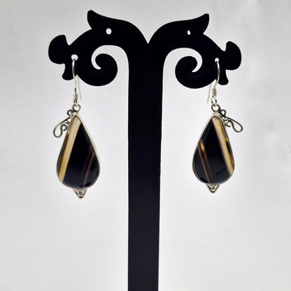 Botswana Agate Black Teardrop Silver Earrings Handmade Jewelry SEAR-596