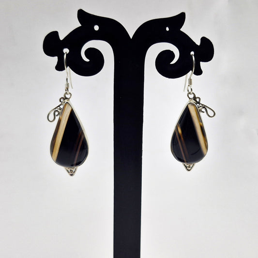 Botswana Agate Black Teardrop Silver Earrings Handmade Jewelry SEAR-596