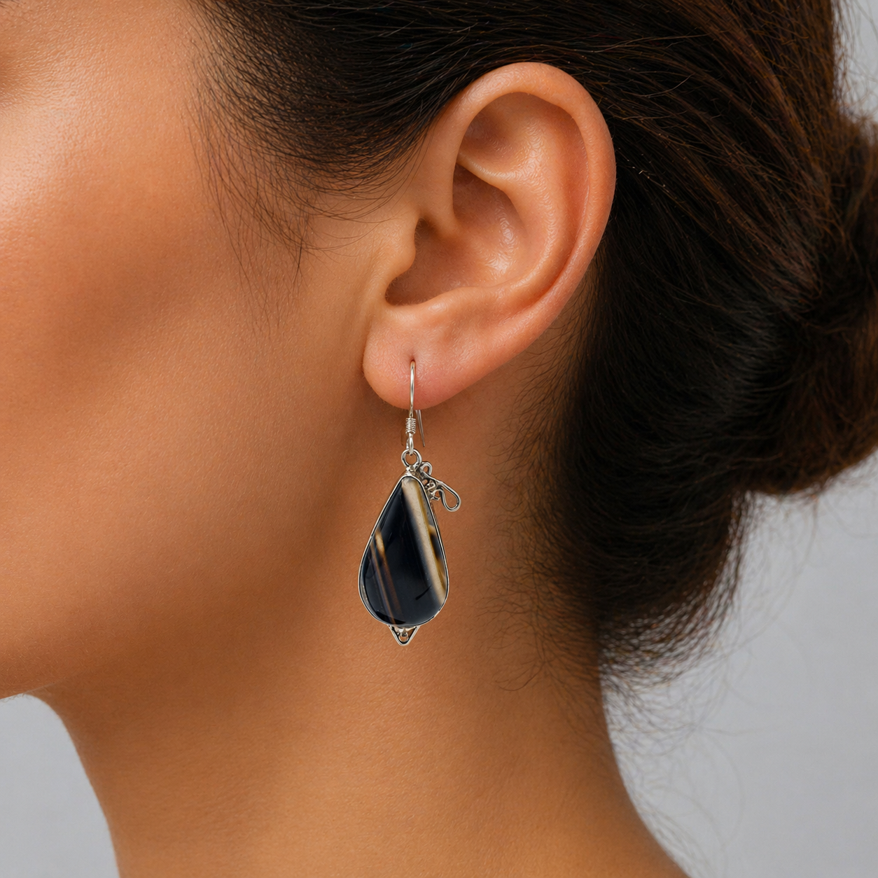 Botswana Agate Black Teardrop Silver Earrings Handmade Jewelry SEAR-596