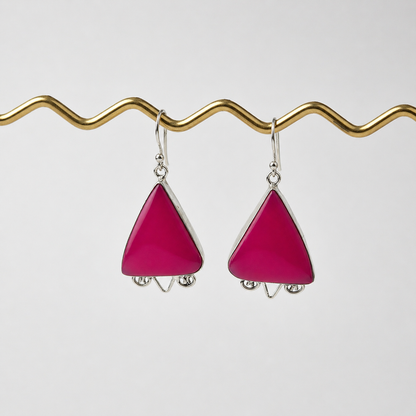 Pink Botswana Agate Triangle Silver Dangle Earrings Handmade SEAR-601