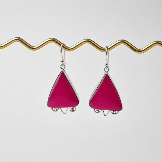 Pink Botswana Agate Triangle Silver Dangle Earrings Handmade SEAR-601