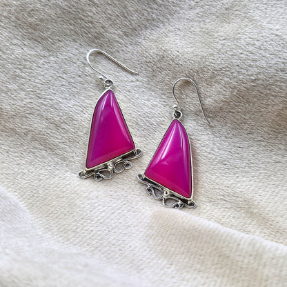 Pink Botswana Agate Silver Triangle Dangle Earrings Handmade Jewellery SEAR-603