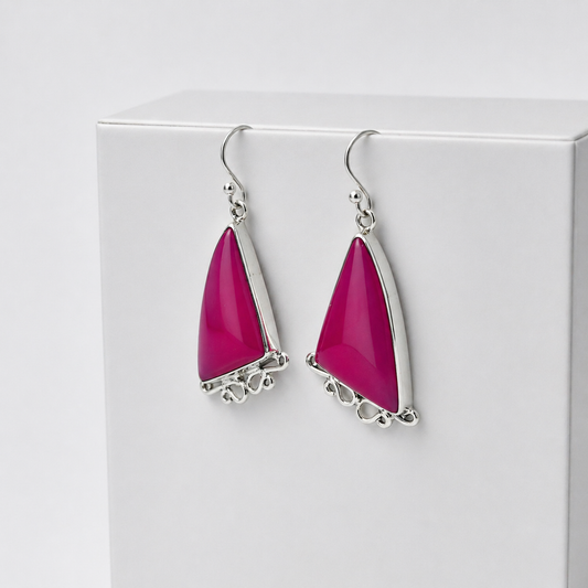 Pink Botswana Agate Silver Triangle Dangle Earrings Handmade Jewellery SEAR-603