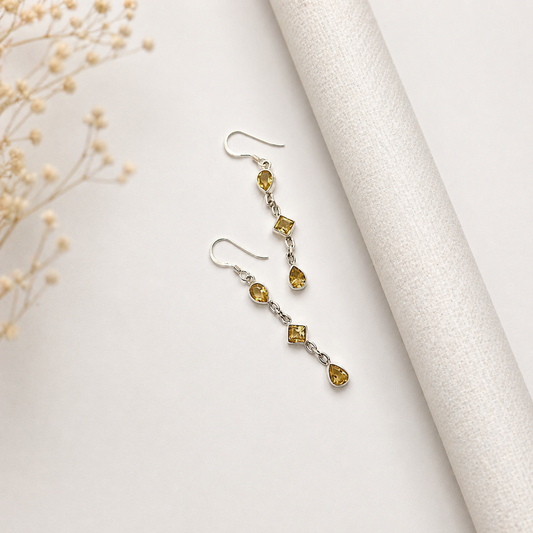 Citrine Silver Long Dangle Earrings Handmade Gemstone Jewelry SEAR-607