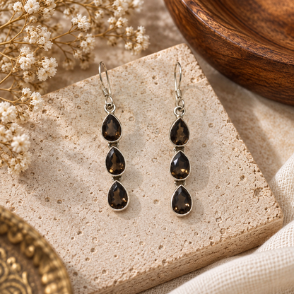 925 Sterling Silver Smoky Whisky Quartz Cut Gemstone Earring SE-614