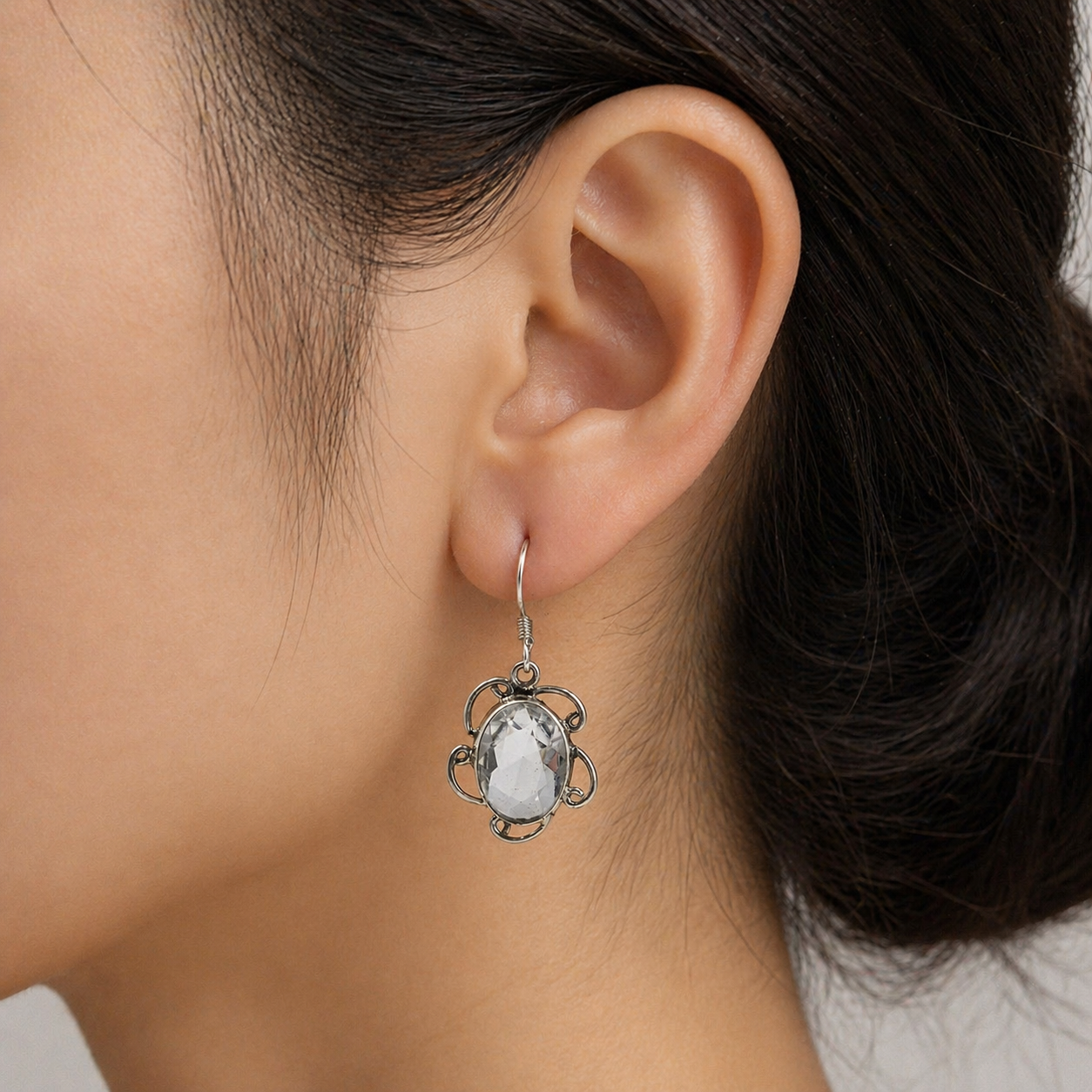 Clear Quartz Oval Silver Dangle Earrings Handmade Crystal Jewelry SEAR-617