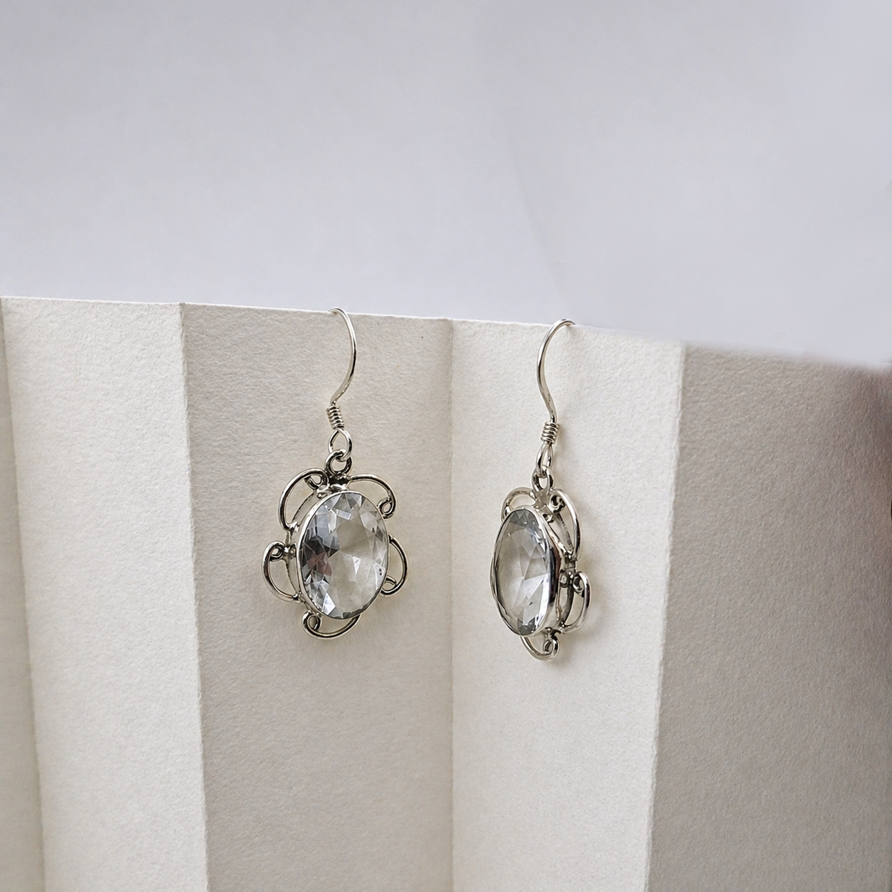 Clear Quartz Oval Silver Dangle Earrings Handmade Crystal Jewelry SEAR-617