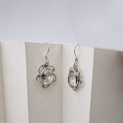 Clear Quartz Oval Silver Dangle Earrings Handmade Crystal Jewelry SEAR-617