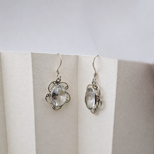 Clear Quartz Oval Silver Dangle Earrings Handmade Crystal Jewelry SEAR-617