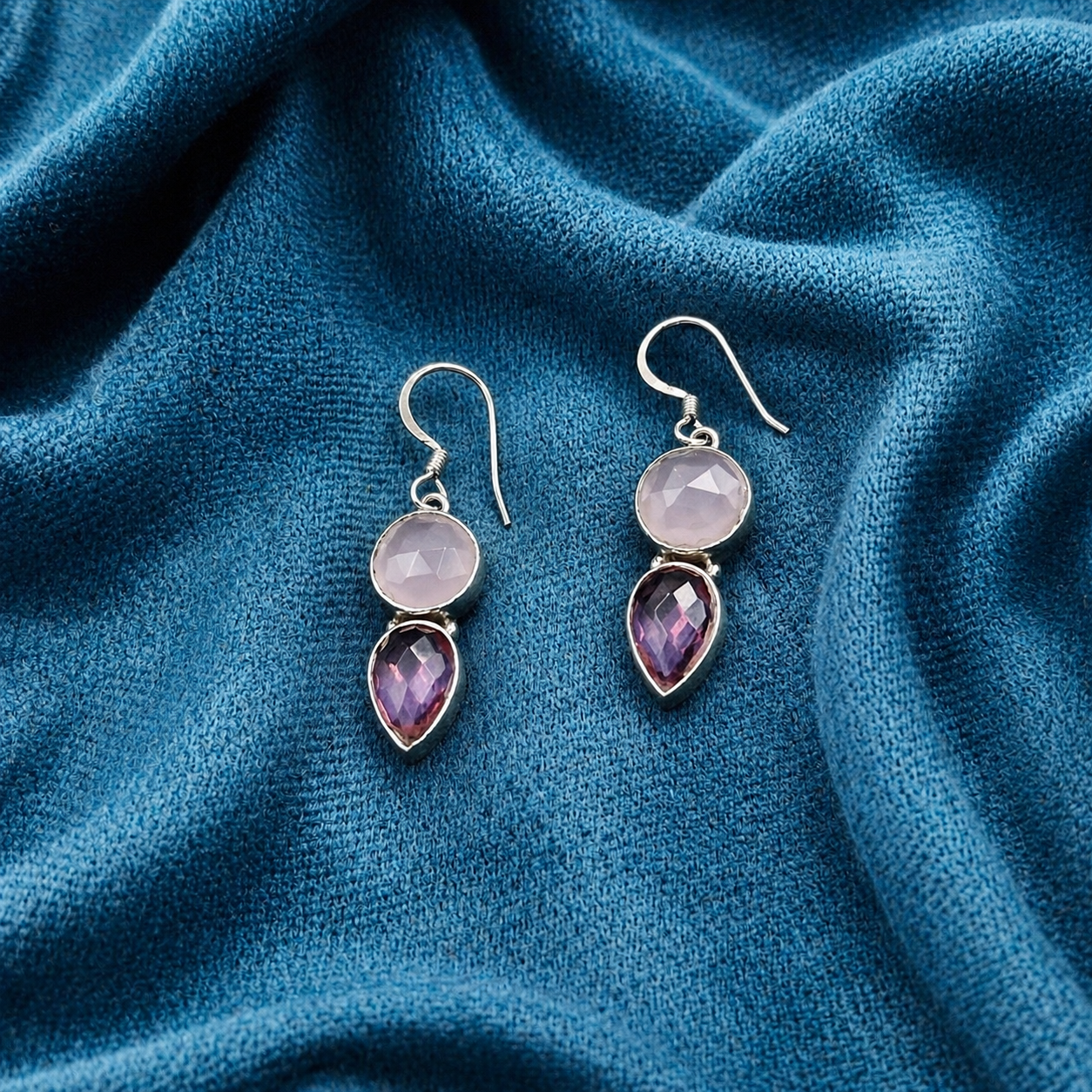 Pink Tourmaline Rose Quartz Silver Drop Earrings for Women SEAR-621