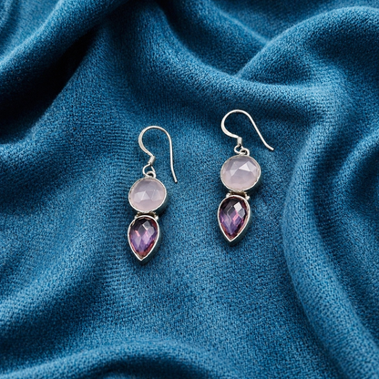 Pink Tourmaline Rose Quartz Silver Drop Earrings for Women SEAR-621