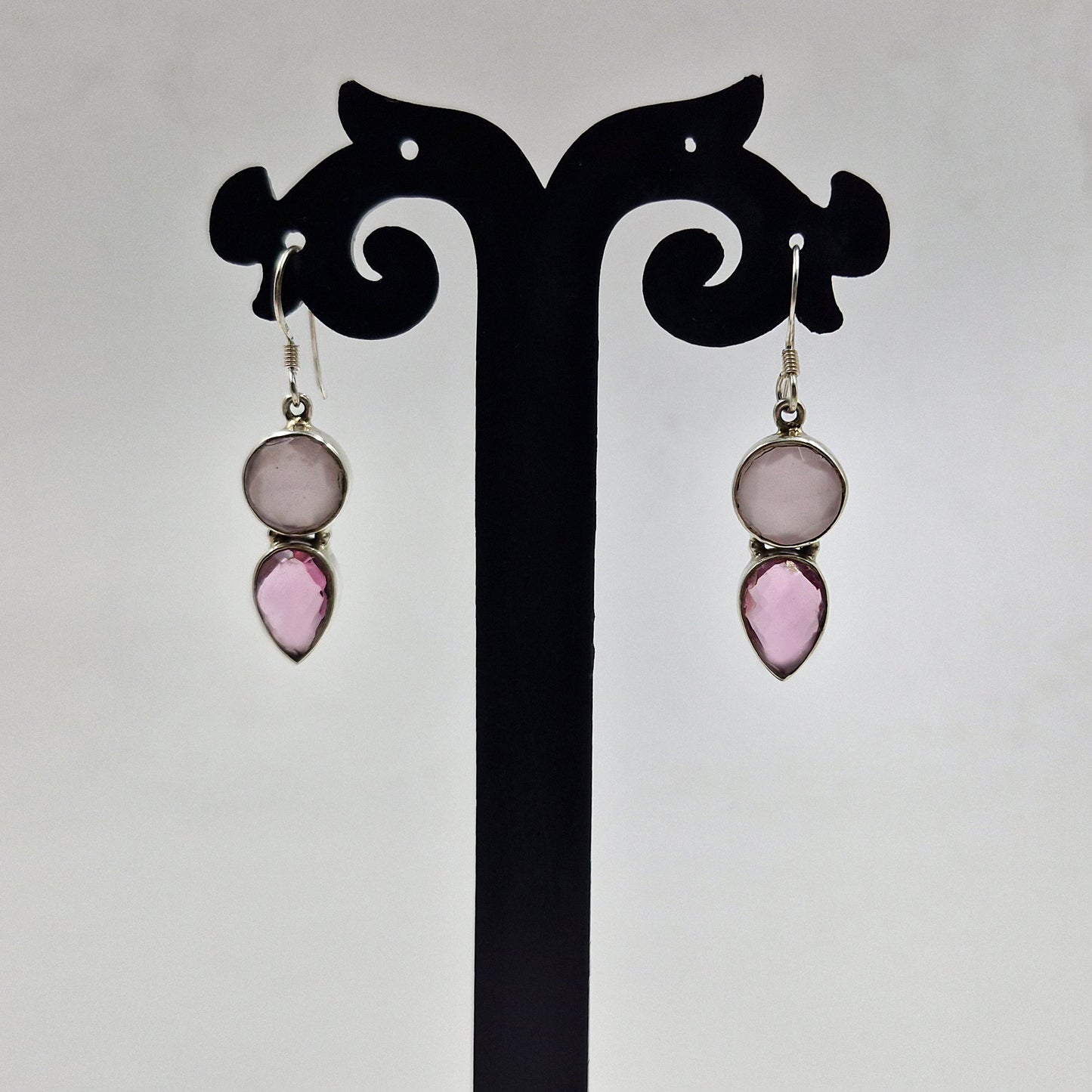 Pink Tourmaline Rose Quartz Silver Drop Earrings for Women SEAR-621