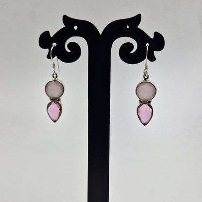 Pink Tourmaline Rose Quartz Silver Drop Earrings for Women SEAR-621