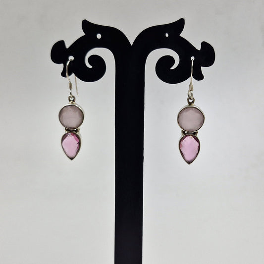 Pink Tourmaline Rose Quartz Silver Drop Earrings for Women SEAR-621