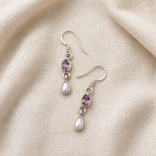 Pink Kunzite Pearl Sterling Silver Drop Earrings for Women SEAR-623