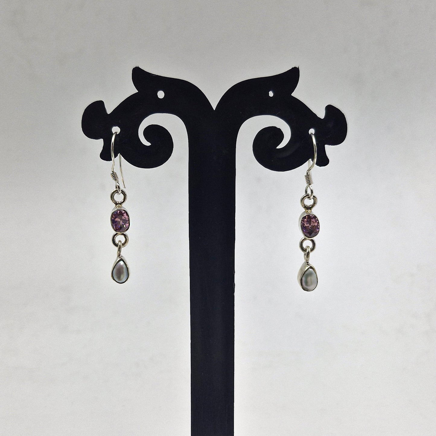 Pink Kunzite Pearl Sterling Silver Drop Earrings for Women SEAR-623